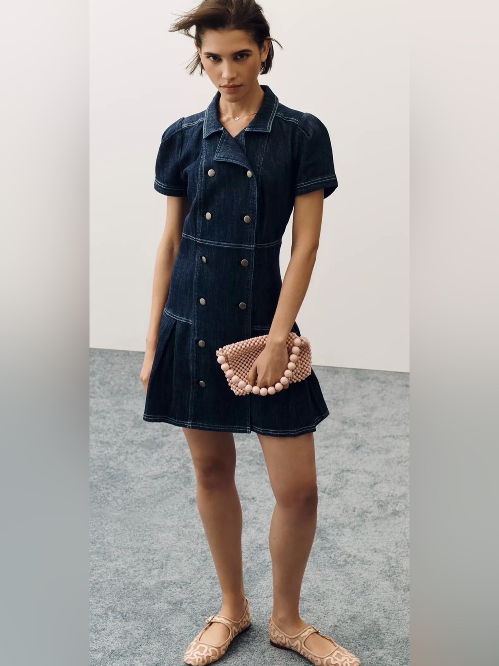 Anthropologie Dark Indigo Double-Breasted Denim Mini Dress size Large academic